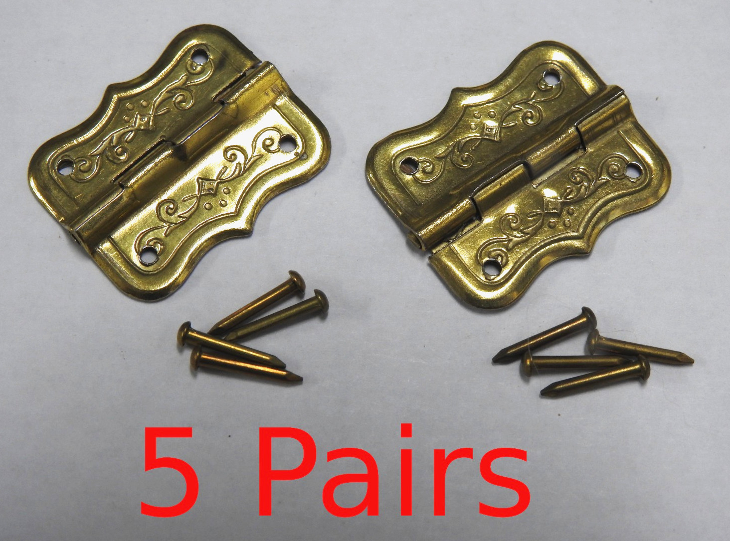 5 Pair Vintage NOS Small Decorative Brass Pltd Hinges 3/4″ x 1″ Steel Reinforced