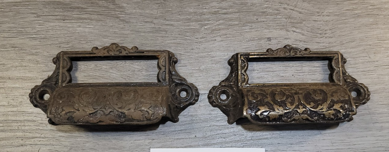 Antique Bin Pull File Card Holder Apothecary Drawer Cast Iron 4 3/8″ Long Pair