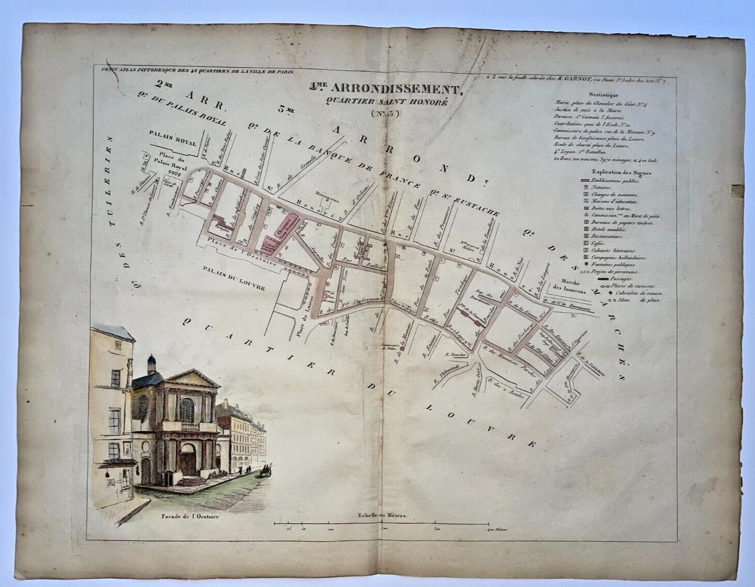PARIS QUARTIER SAINT HONORE PALAIS ROYAL FRANCE 1834 LAGUILLERMIE ANTIQUE MAP