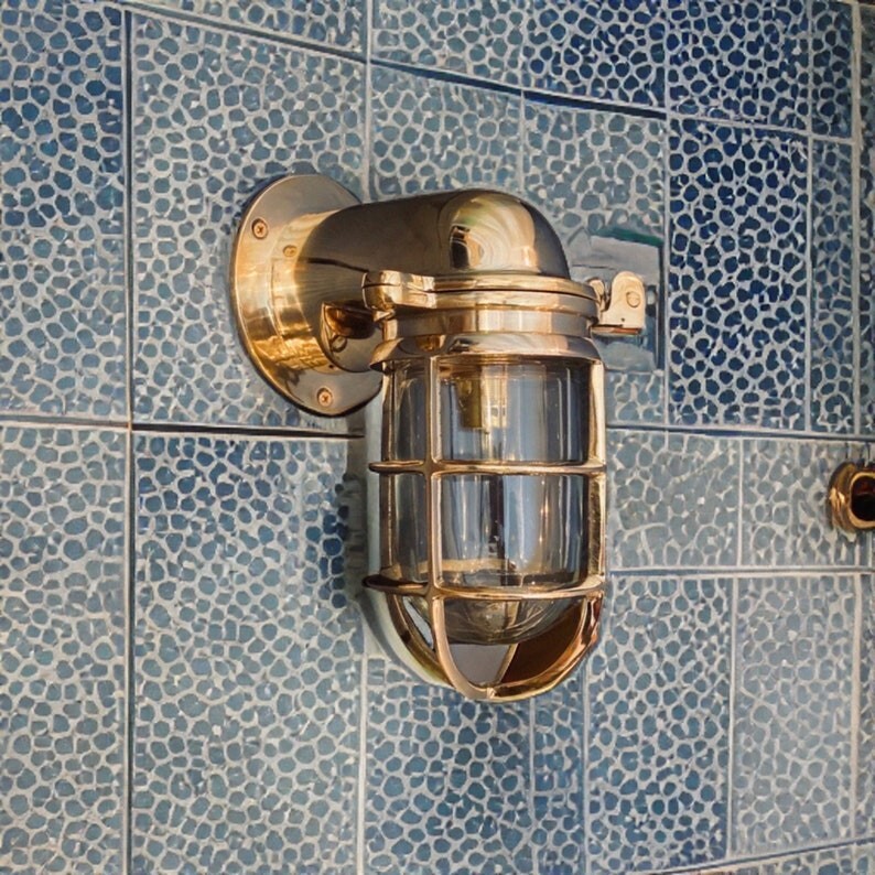 Nautical Cage Brass Wall Light – Vintage Marine Bulkhead Sconce Ship Light