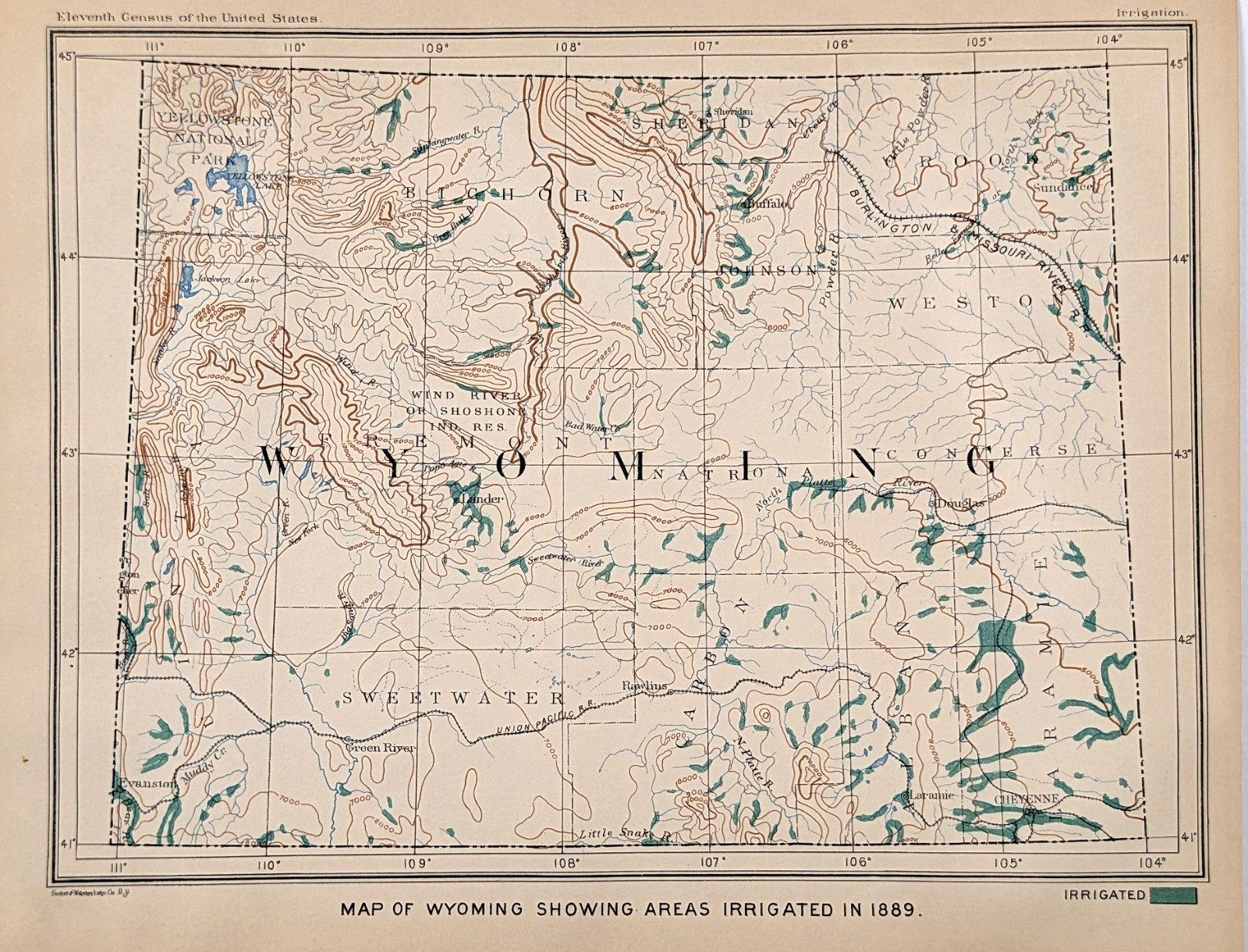 1889 WYOMING ~ Irrigation Map- ORIGINAL Dept. of Interior Yellowstone – Cheyenne