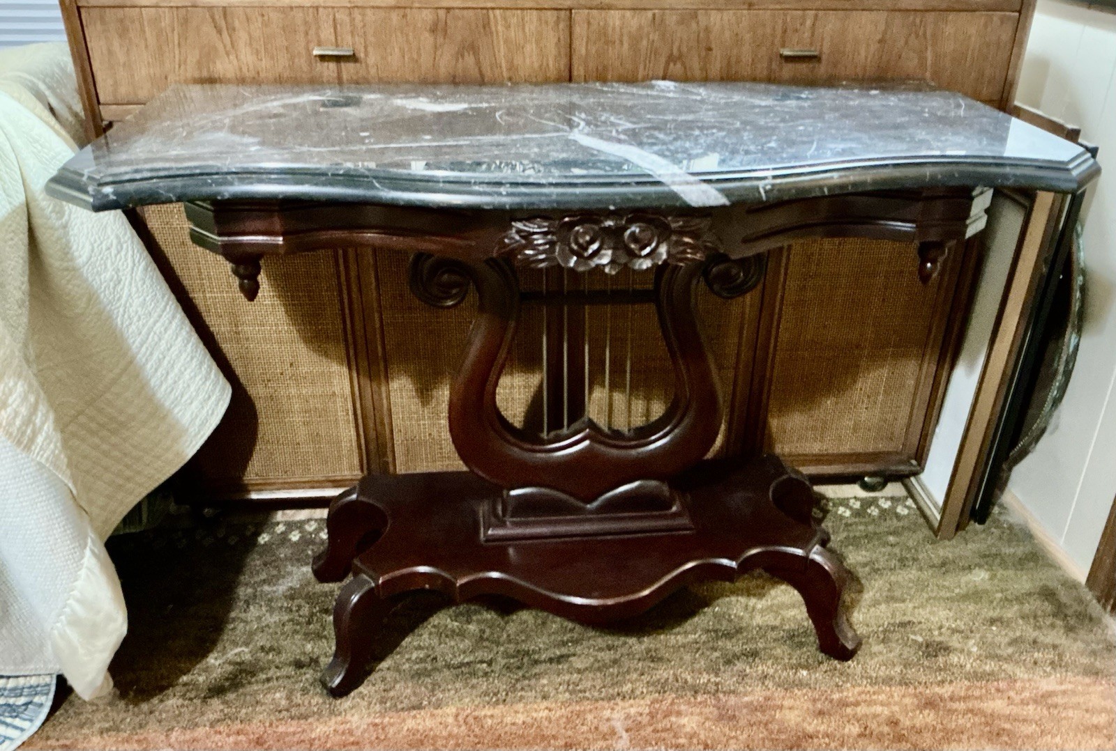 Vintage Estate Mahogany Marble LYRE Victorian Style Sofa Wall Long Side Table