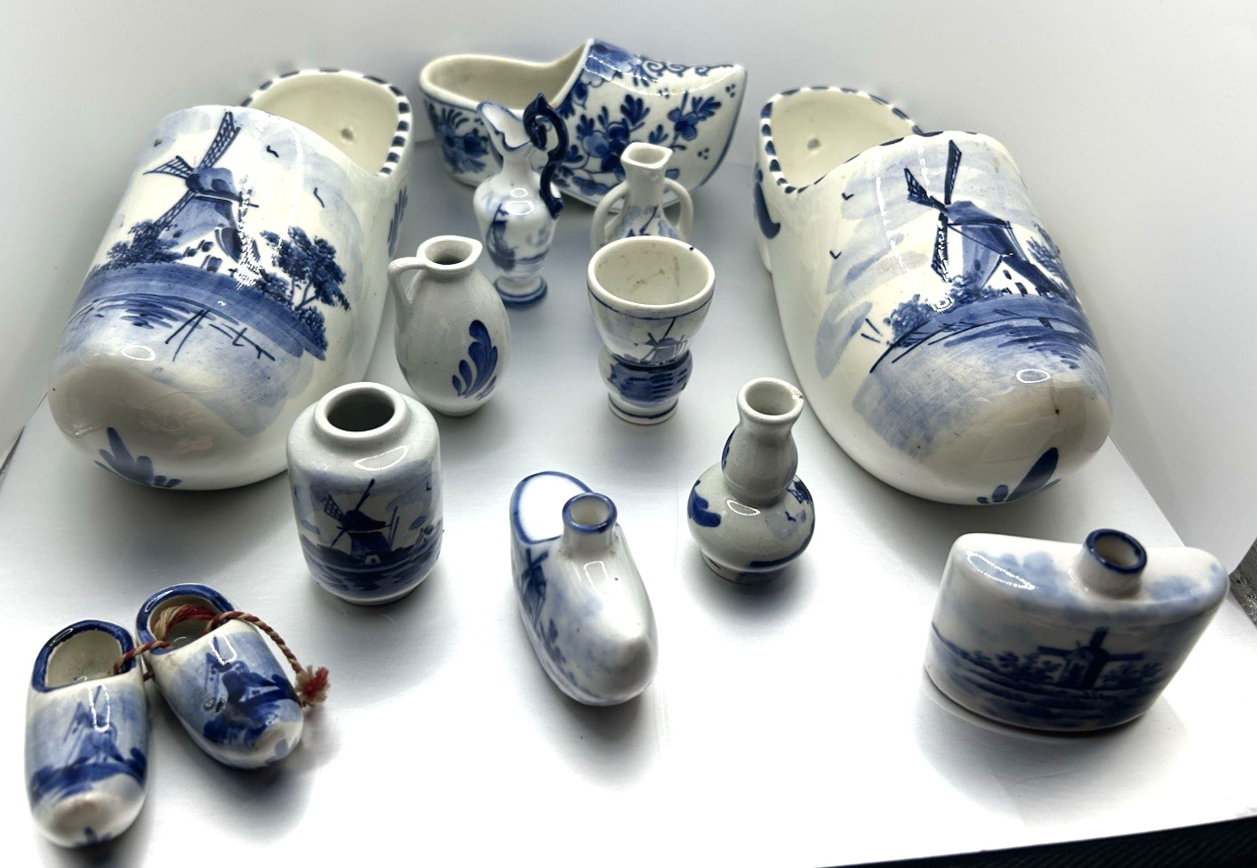 SET of 13 Delft Blue Hand Painted Signed Shoes Miniatures Vases flask etc. NICE!