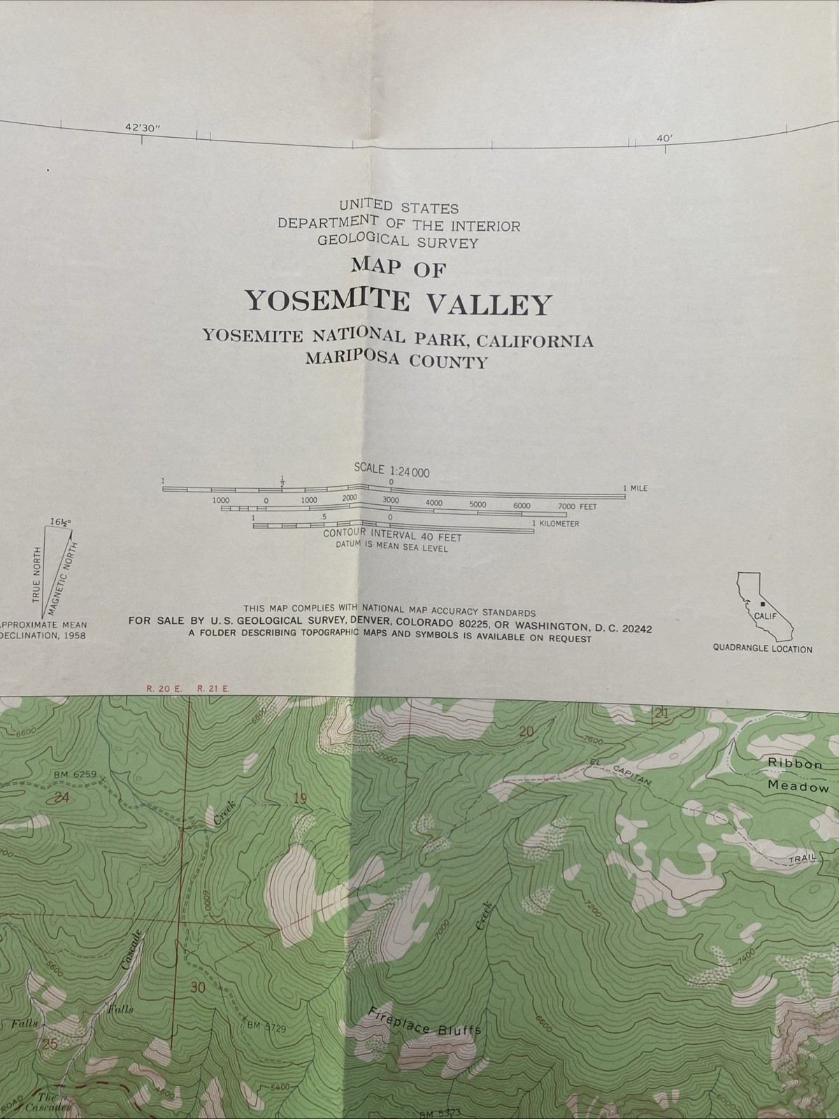 Yosemite Valley Topographical Map USGS Dept of Interior 1955/1958 41.5″x19″ VNTG
