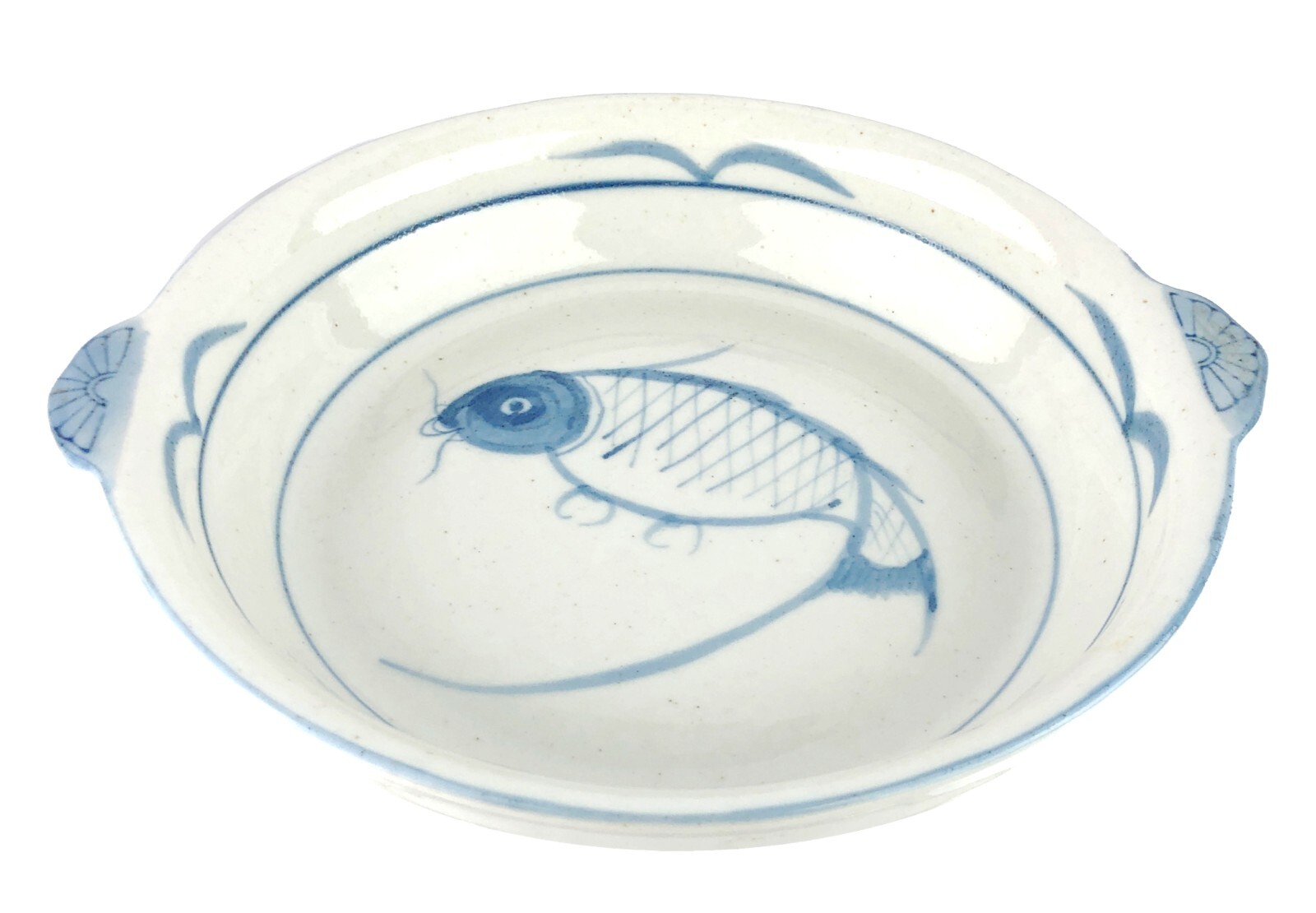 Vintage Heavy Stoneware 9″ Pie Plate Blue White Hand Painted Koi Fish