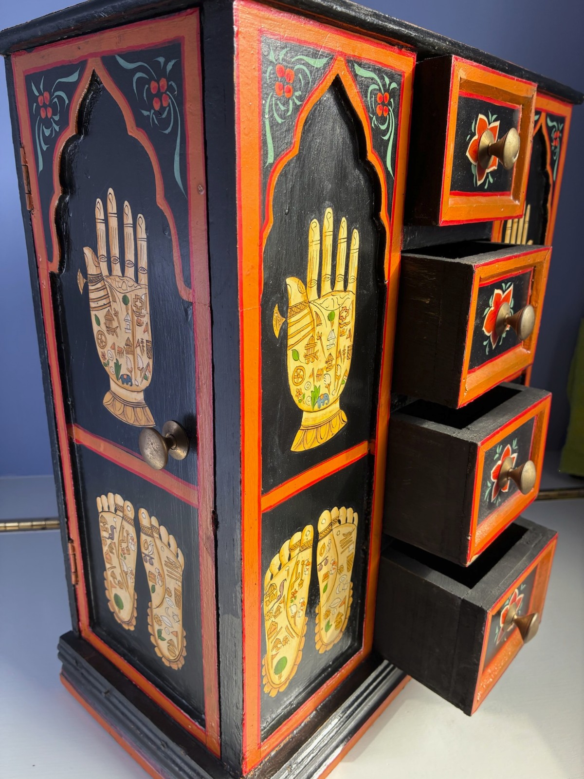 VTG 16″ HAND PAINTED WOOD FOLK ART CABINET INDIA BALI YOGA TANTRIC STORAGE CHEST
