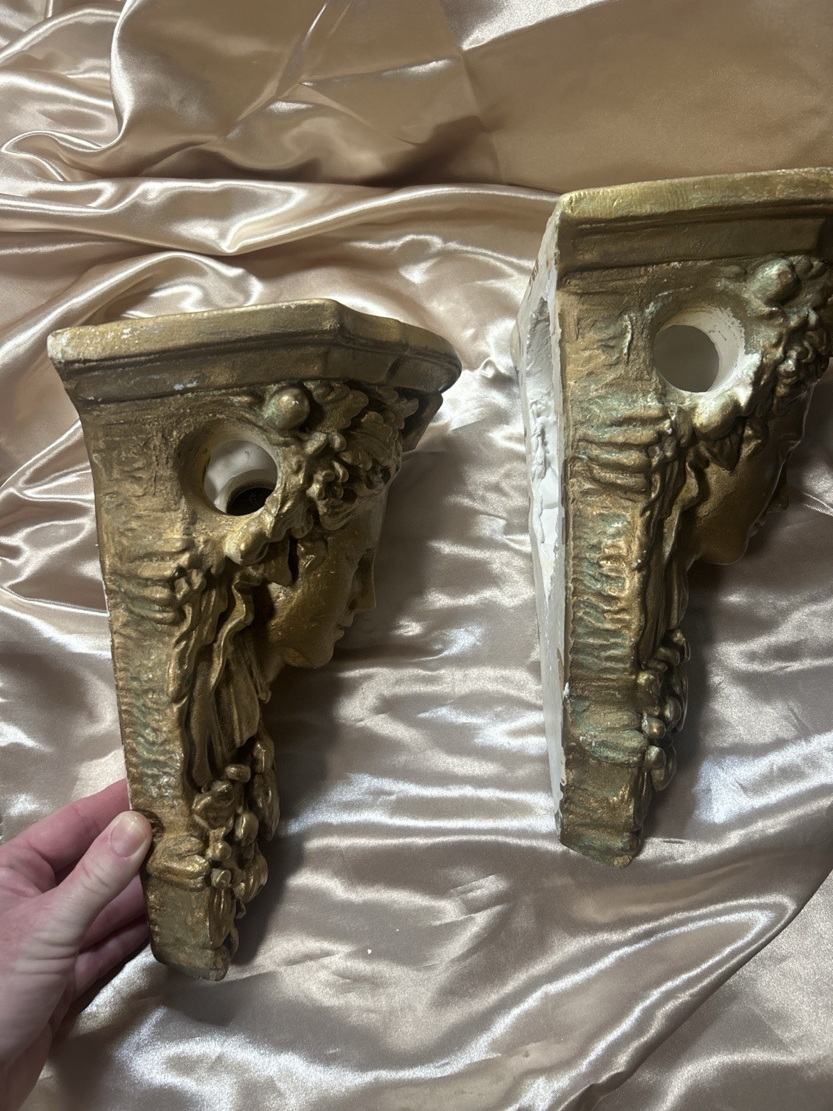 Vintage Gold Chalkware Neoclassical Maiden Wall Corbels Shelf Pair