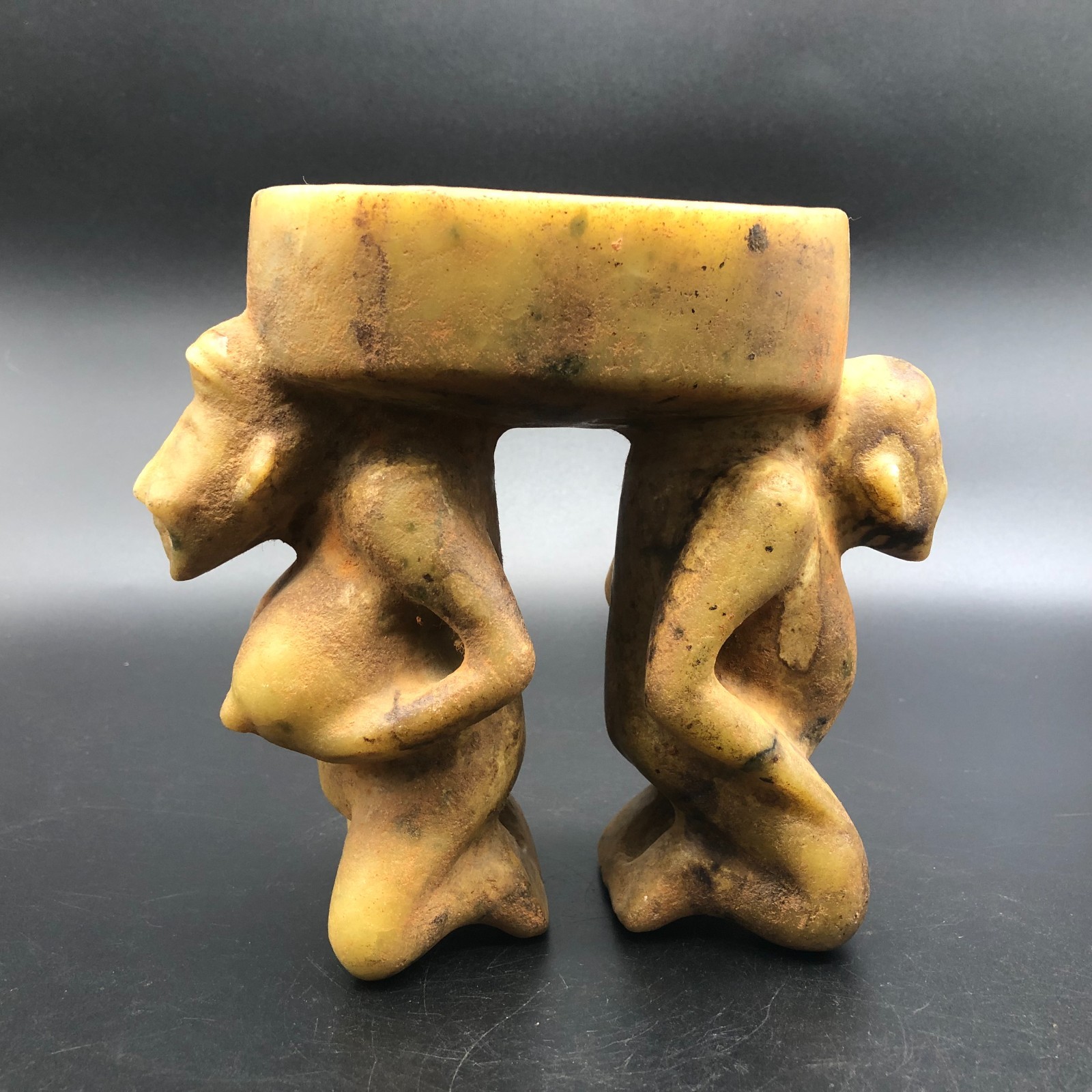Old HongShan Culture Jade Hand-Carved Primitive people Statue Inkstone