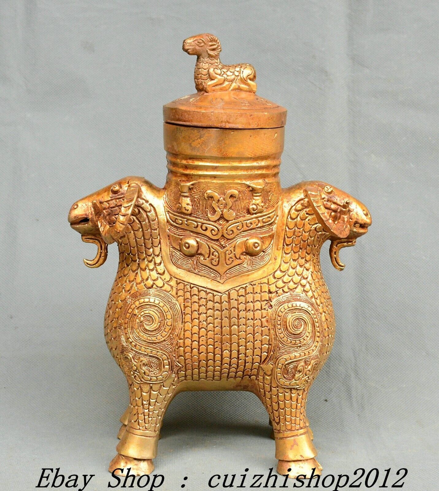 10″ Old Chinese Dynasty Bronze Ware Gold Sheep Goat Beast Head Zun Bottle Vase