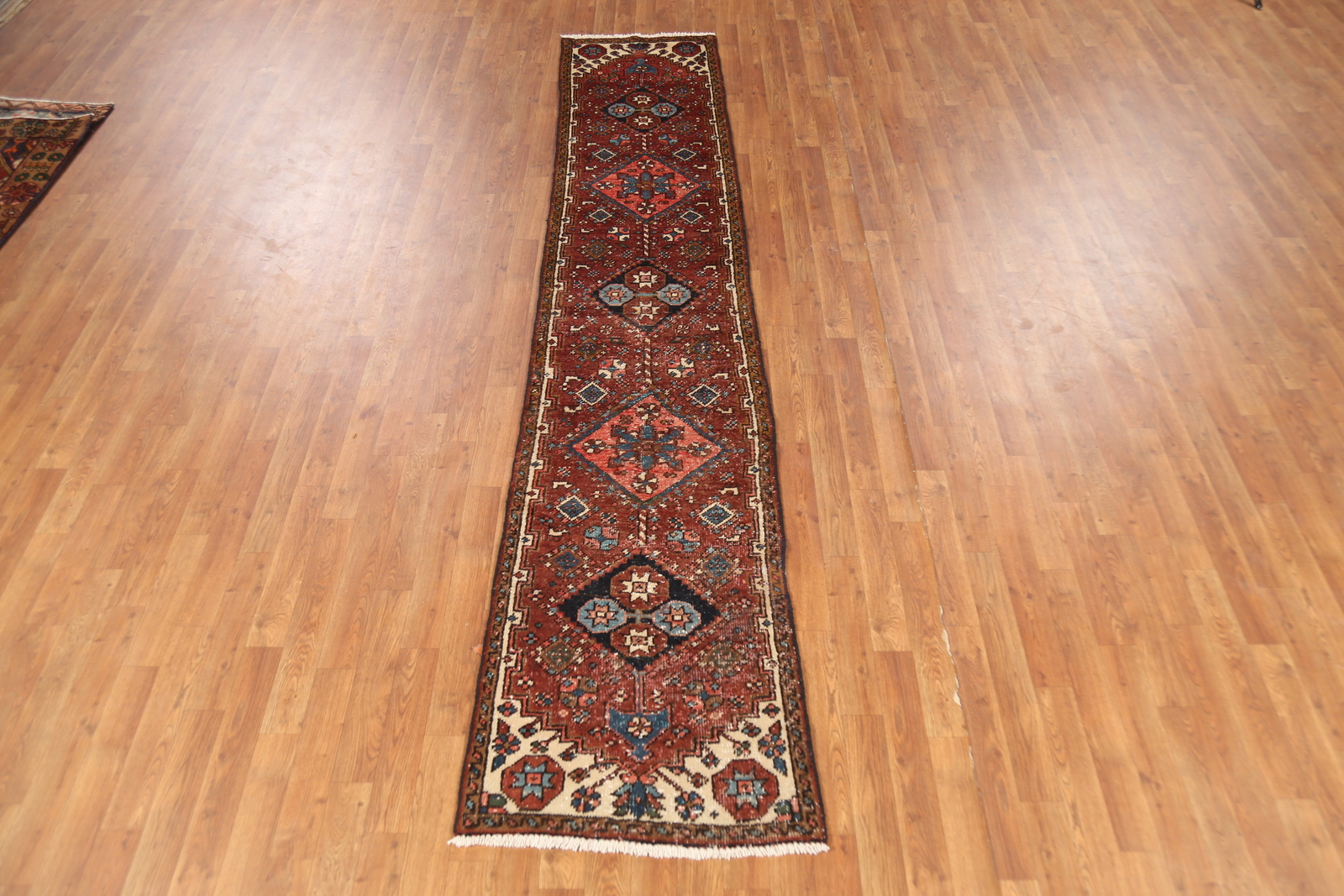 Pre-1900 Vegetable Dye Heriiz Serapi Narrow Runner Handmade Antique Rug 2×11
