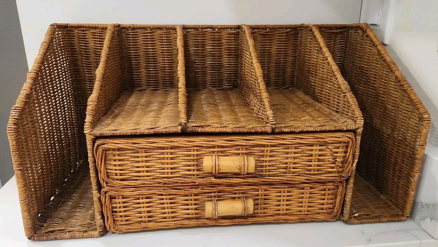 Pretty Vintage Natural Wicker Desk Caddie w/ 2 Drawers 20×12 In