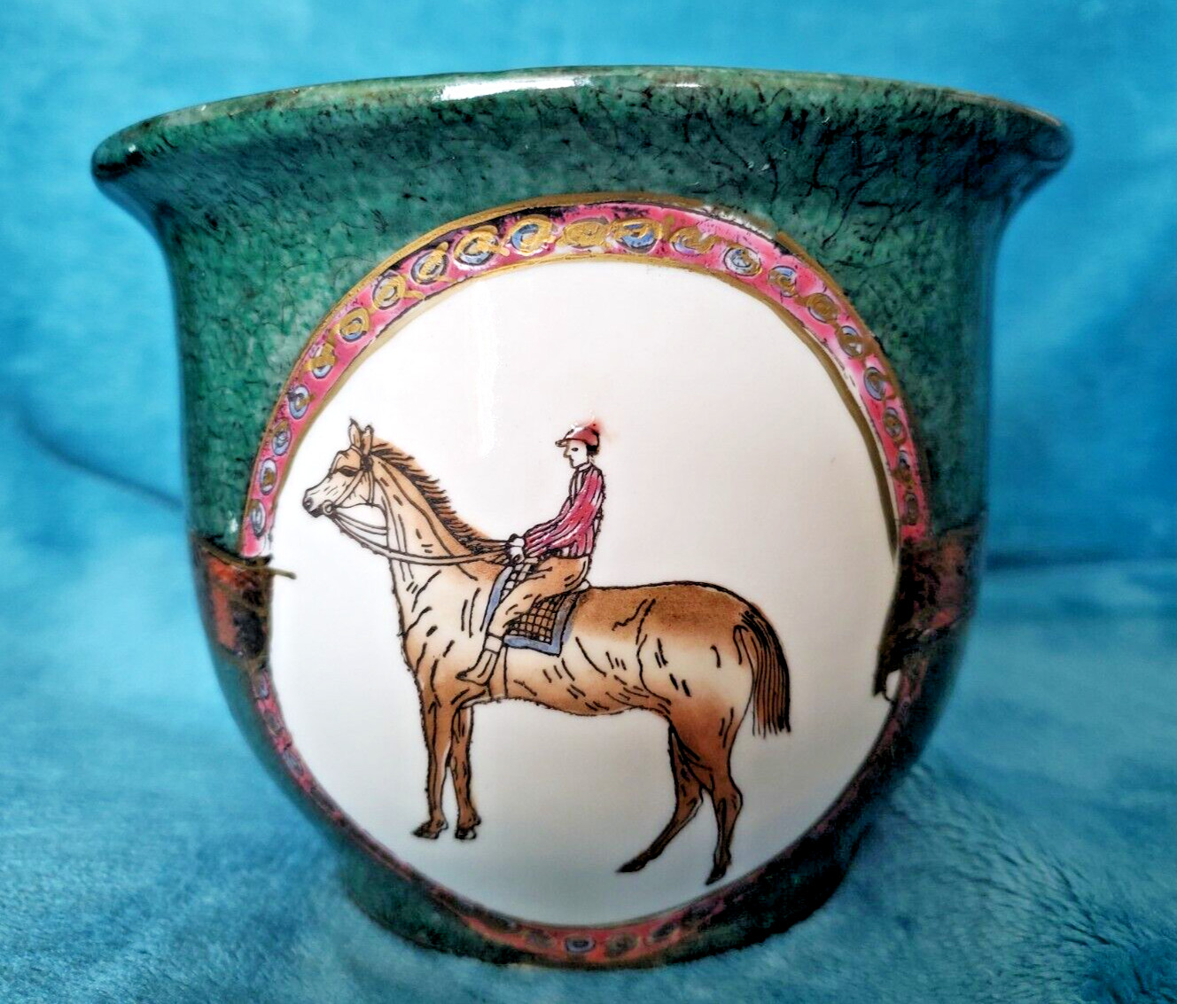 WBI Flower/Plant Pot Horse Jockey Equestrian Hunter Green Hand Painted 4.5″x5.5″