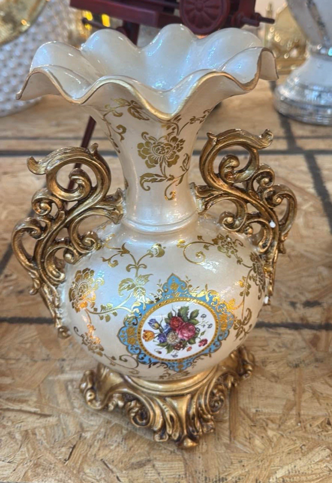 Elegant Decorative Vase 12”H x 8”W – Floral & Gilded Accents – European Style