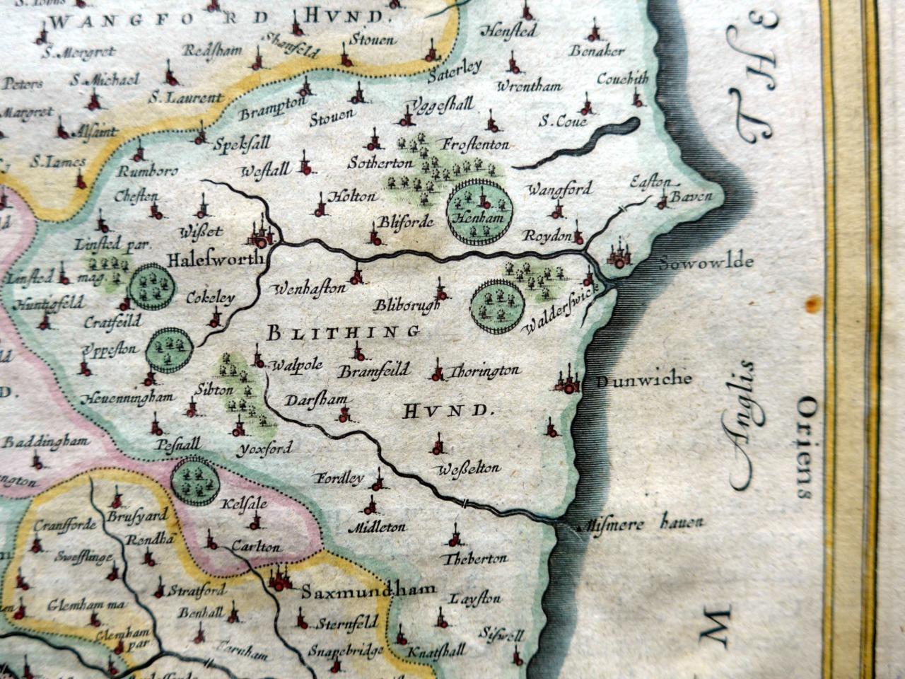 SUFFOLK SUFFOLCIA BY JOAN BLAEU c1654 GENUINE ANTIQUE ENGRAVED MAP