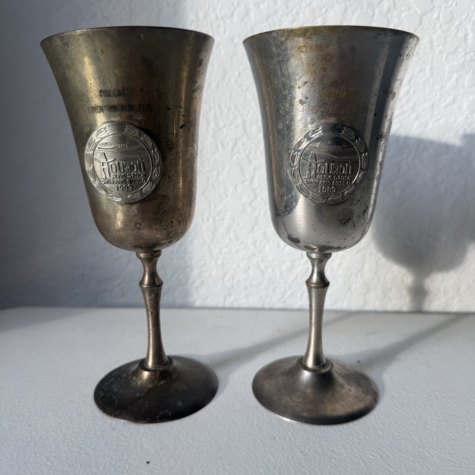 1989 HLSR Houston Rodeo Palomino 1st Halter Silverplate Goblets Pair
