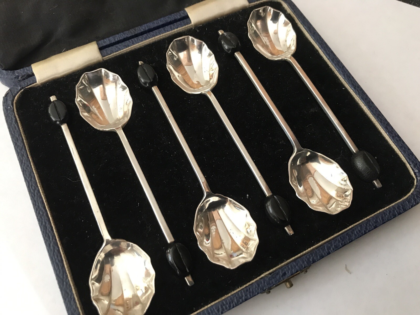 Boxed Hallmarked HM Sterling Silver Black Fluted Coffee Bean Tea Spoon Teaspoons