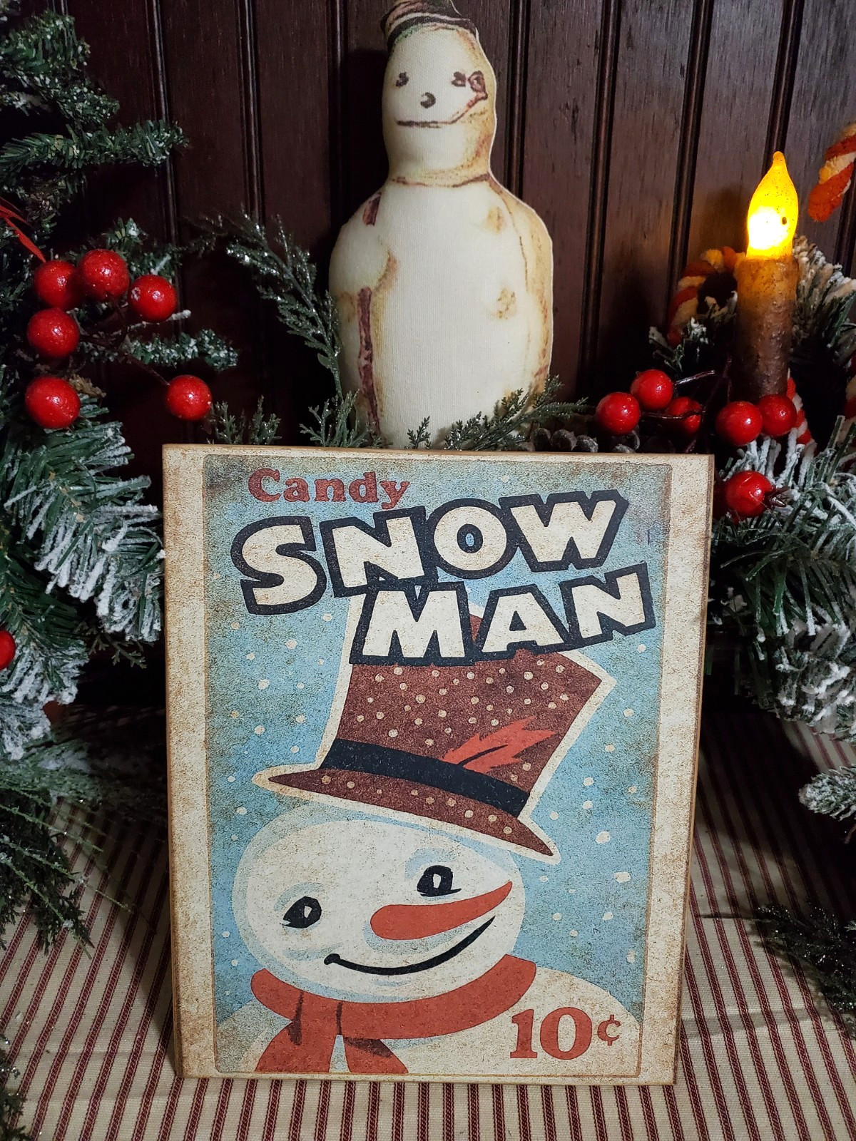 SHABBY PRIMITIVE VINTAGE RETRO STORE STYLE CHRISTMAS SNOWMAN 10 CENT CANDY SIGN