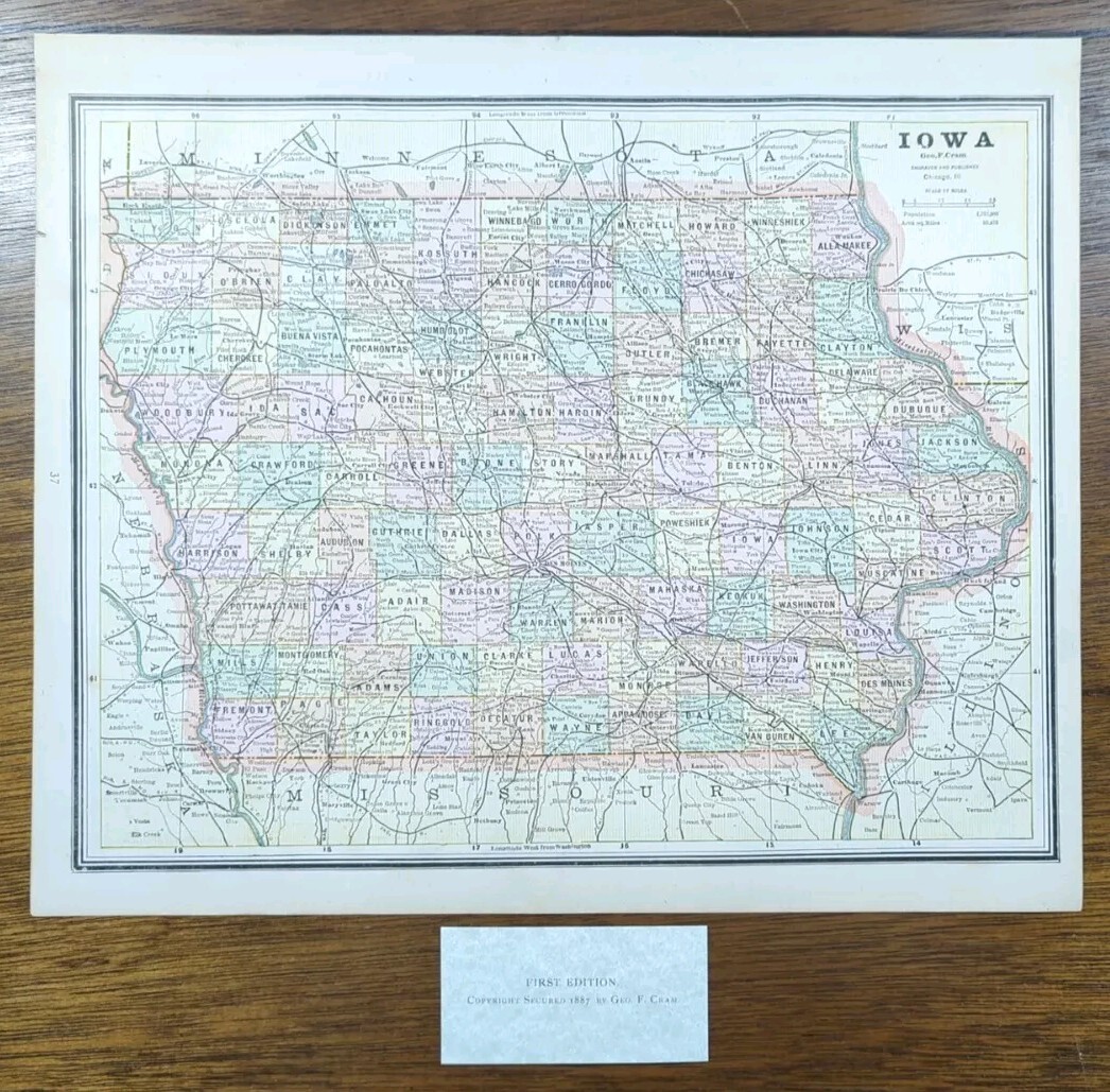 Vintage 1887 IOWA Map 13″x11″ Old Antique Original DES MOINES IOWA CITY WATERLOO