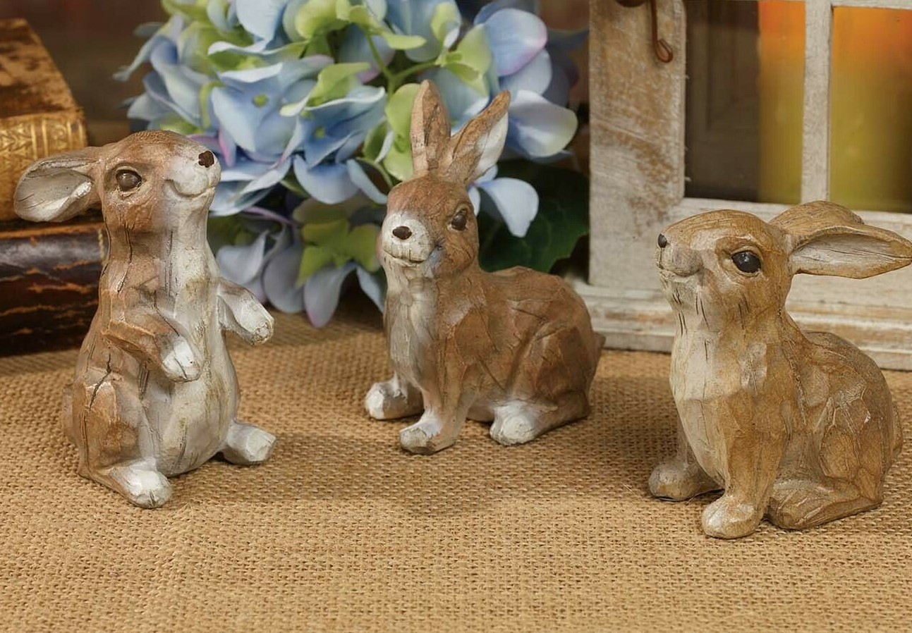 NEW WOODLAND BUNNIES Country Farmhouse Set of 3″ – 3 5″ Wood Look Resin Assorted