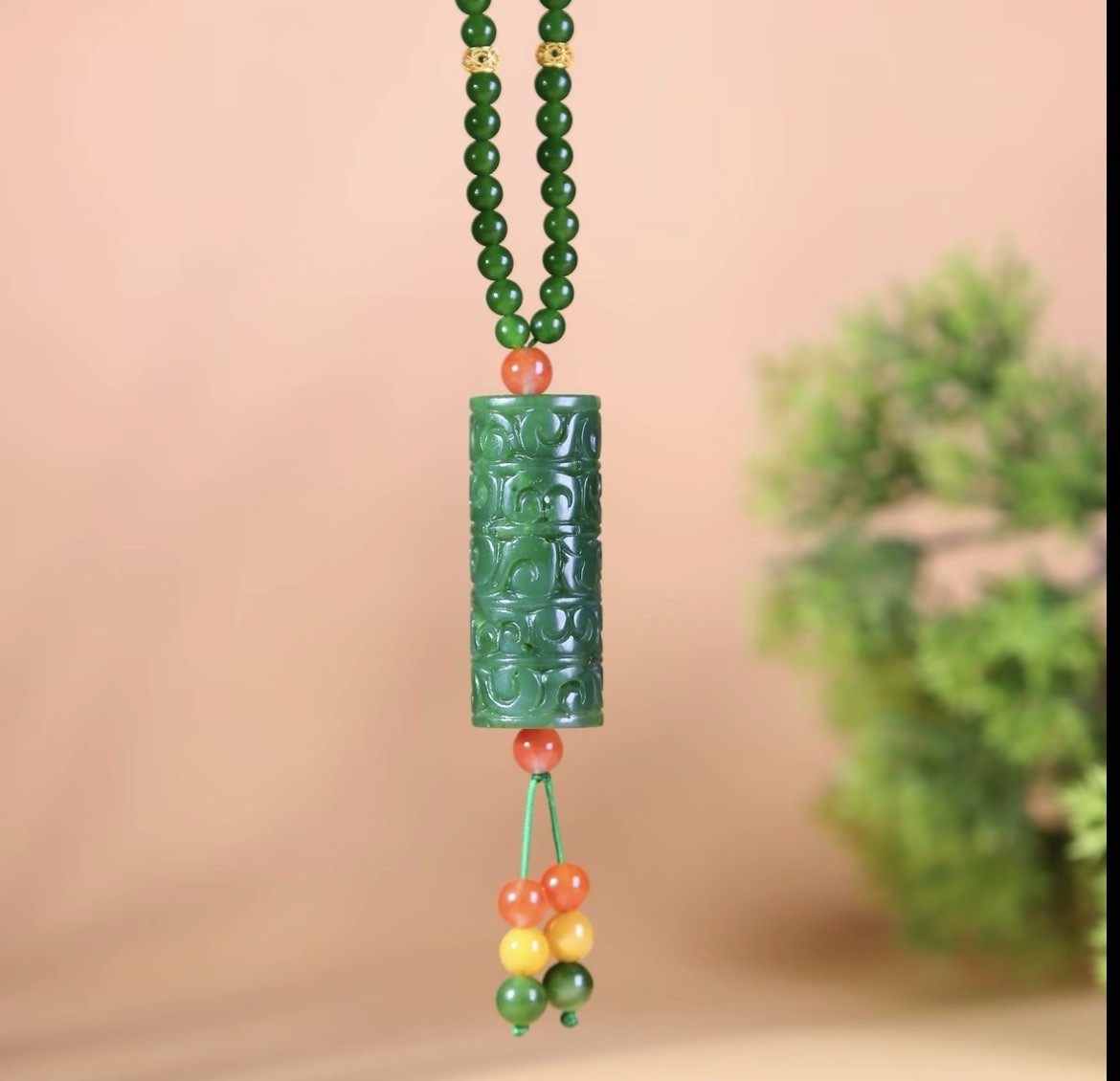 Hetian Jade Carved Pendant Necklace Green Orange Yellow Beads ZJTC Certified