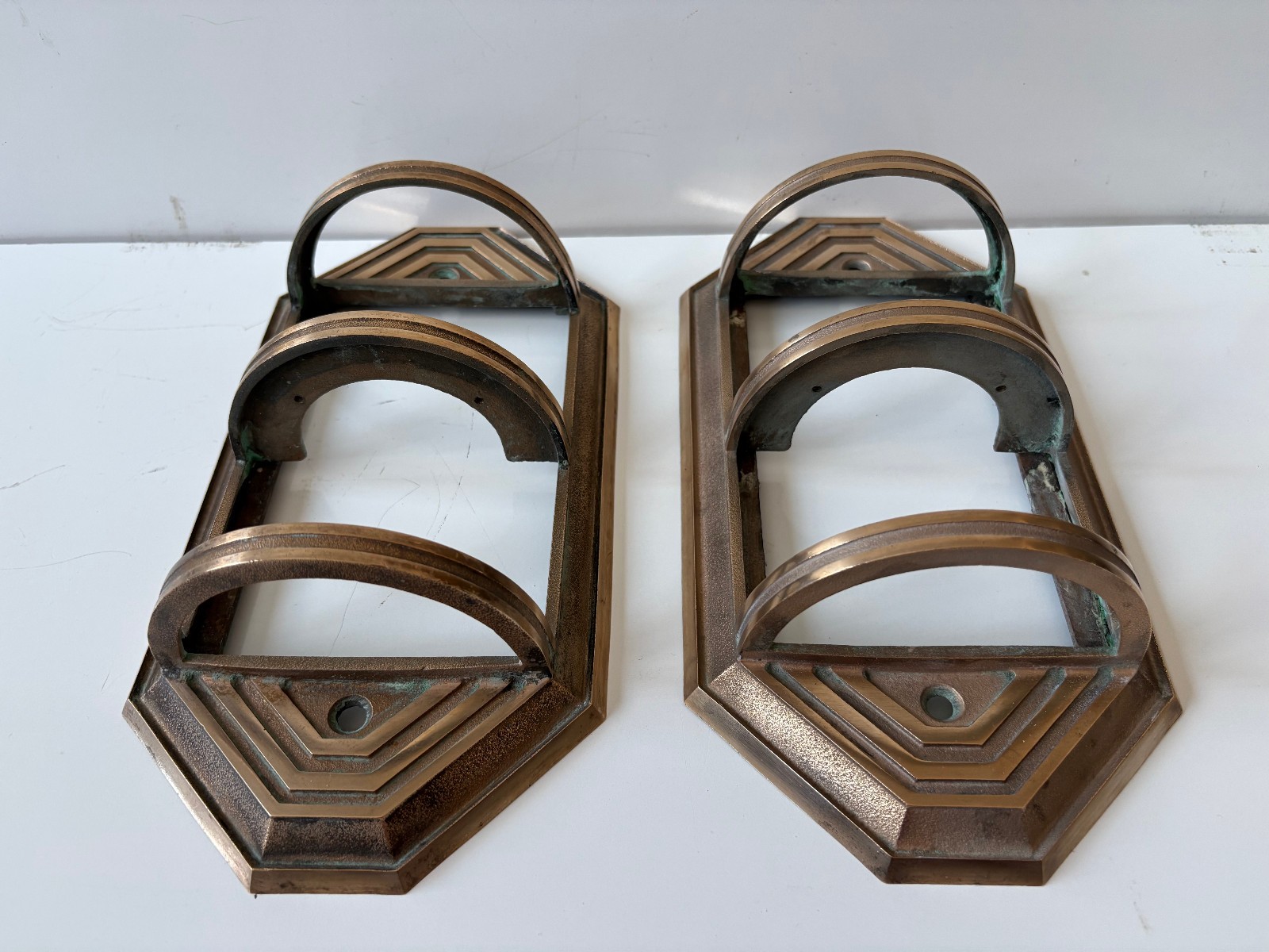 Art Deco 2 Bronze Elevator Wall Light Sconce Frames 11″ Tall, 5 1/2″ Wide