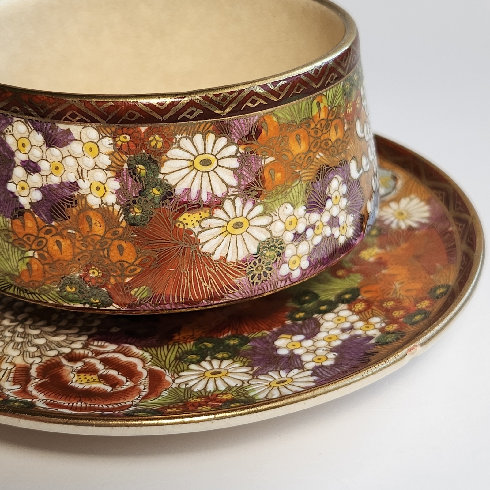 Antique Japanese Satsuma Shimazu Millefleur Thousand Flowers Tea Cup & Saucer