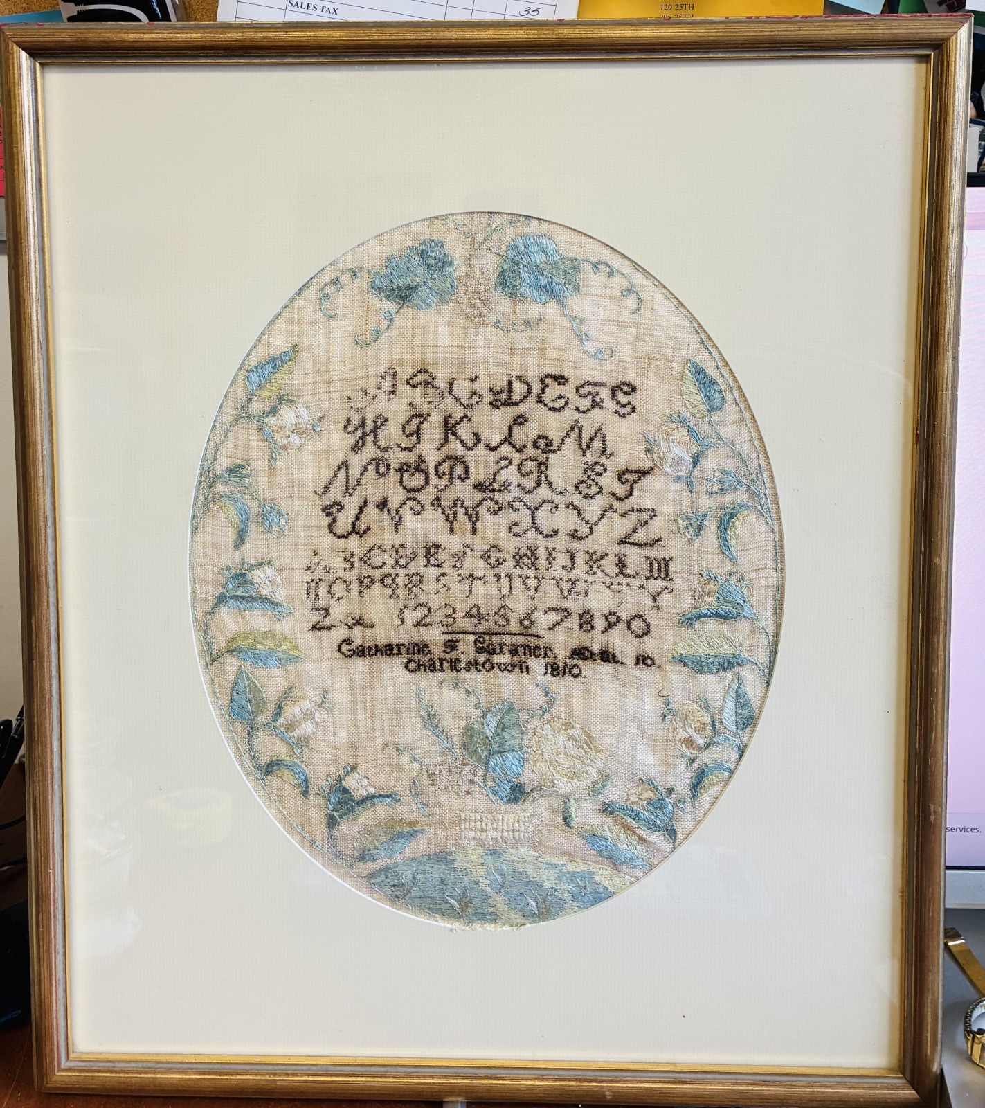 Outstanding 1810 Sampler Catharine F Garaner Age 10 Charlestown Massachusetts