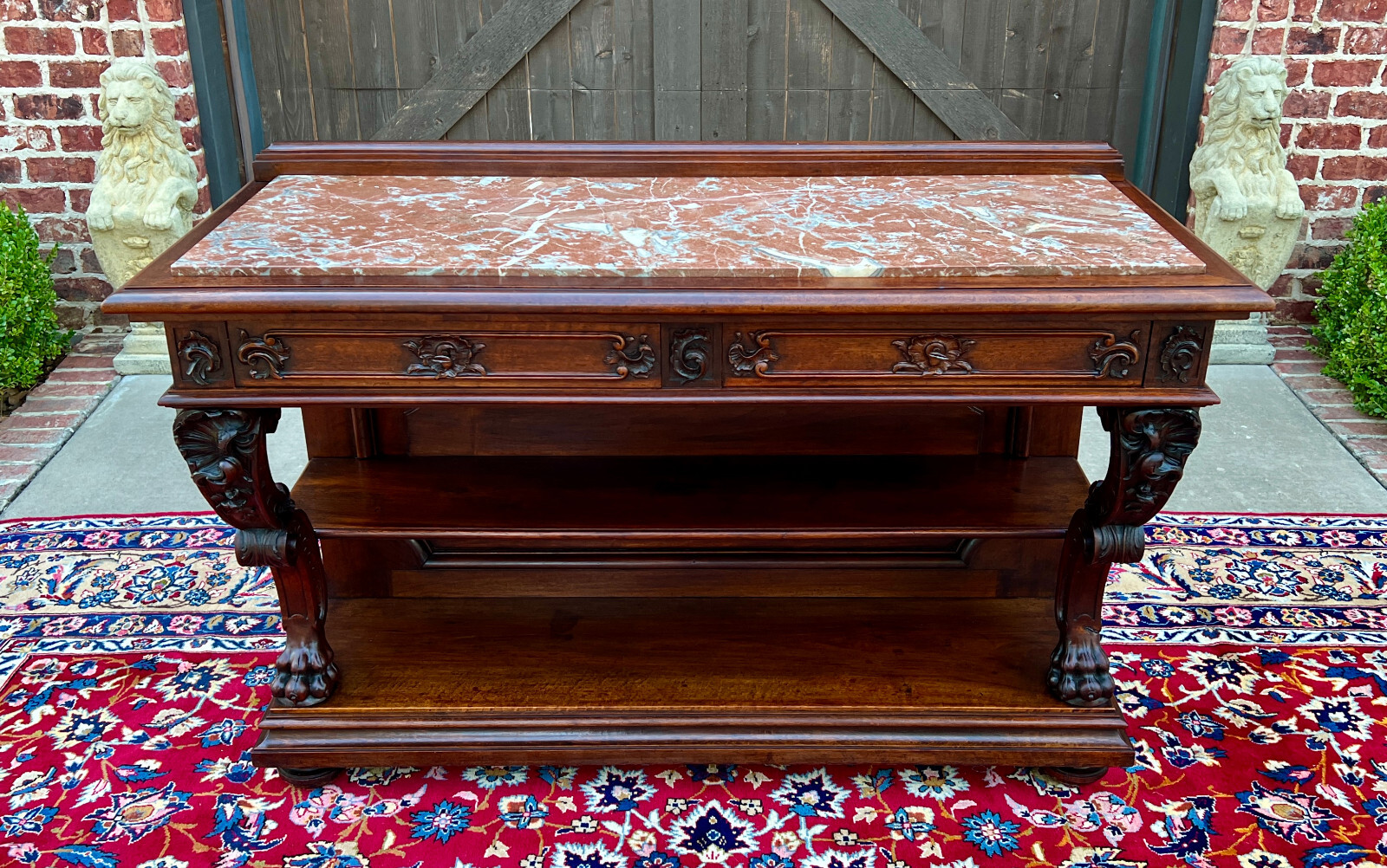 Antique French Gothic Server Sideboard Console Table 2-Tier Walnut Marble Top