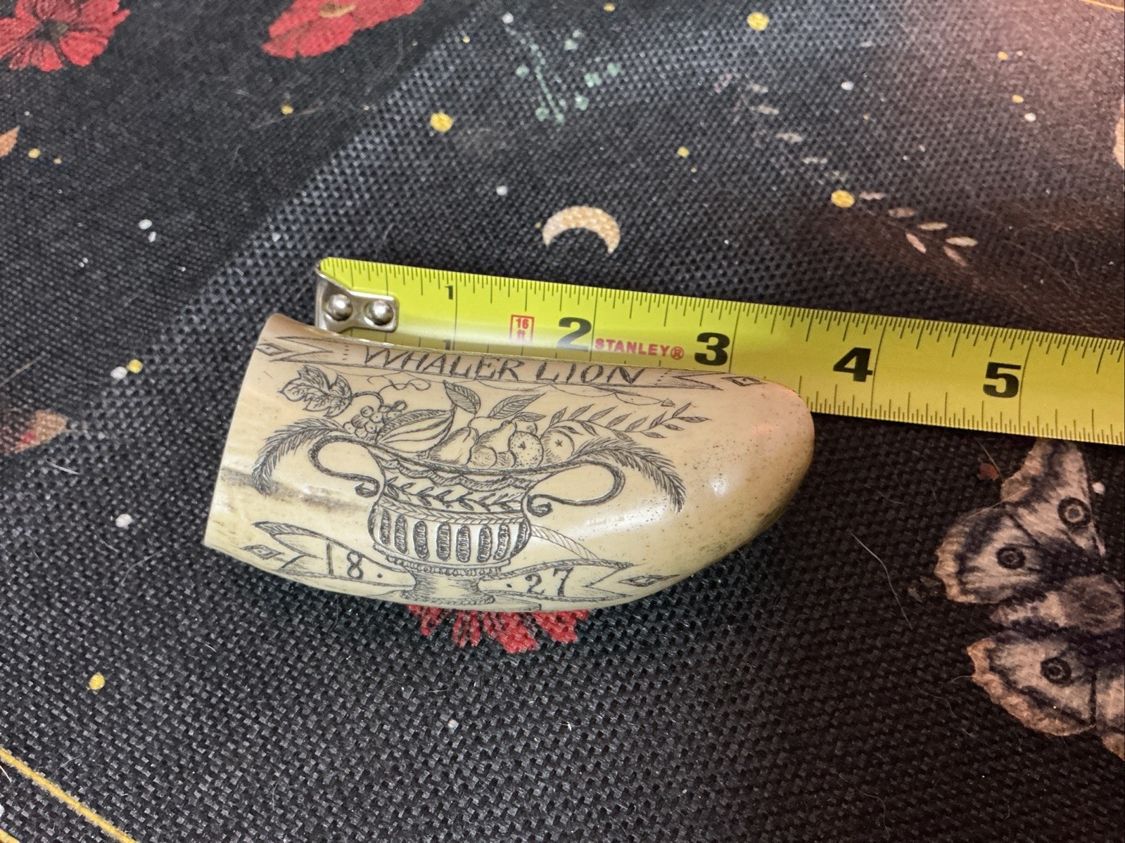 Scrimshaw Whale Tooth Whaler Lion Ship Fruit Basket 1827 T2
