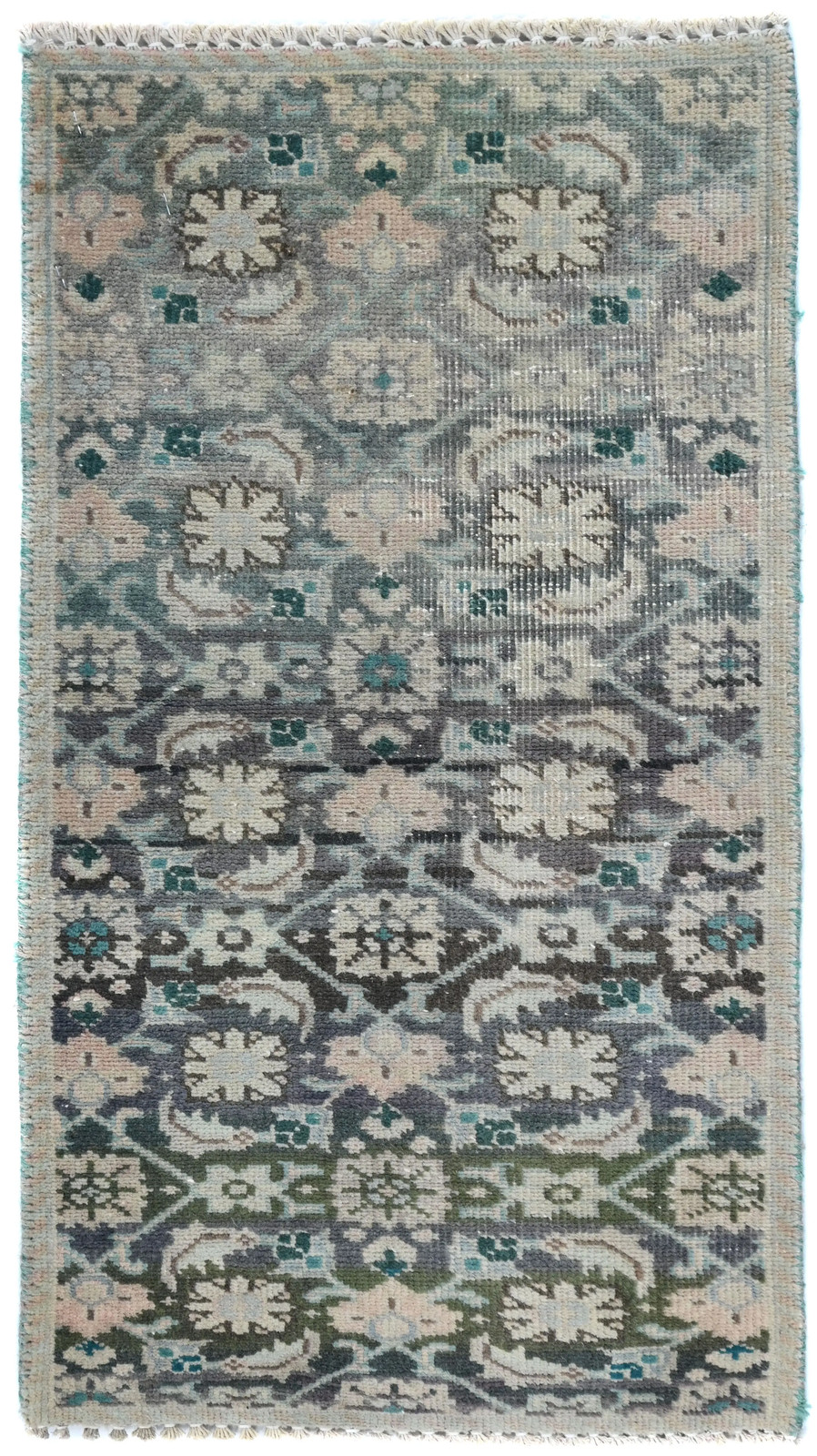 1’3X2’3 ft Semi-Antique Hand-Knotted Rug Muted Blue Oriental Floral Style Carpet