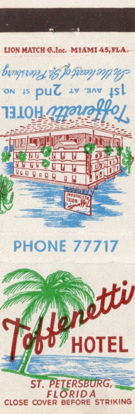 Vintage Matchcover Toffenetti Hotel St. Petersburg Florida