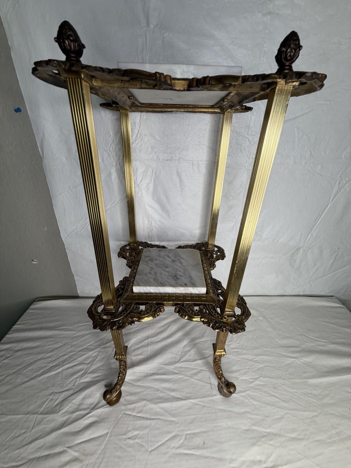 Vintage Italian Marble Top Inlay 2 Tired Pedestal Ornate Gold Brass Plant Stand