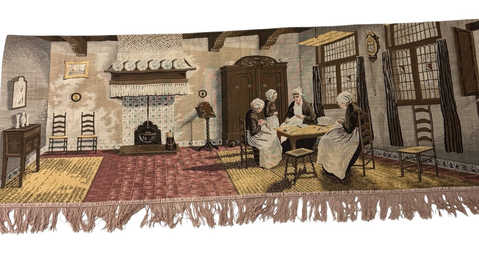 Vintage French Tapestry Pictorial Wall Decor 64” X 23” Chateau Women Sewing