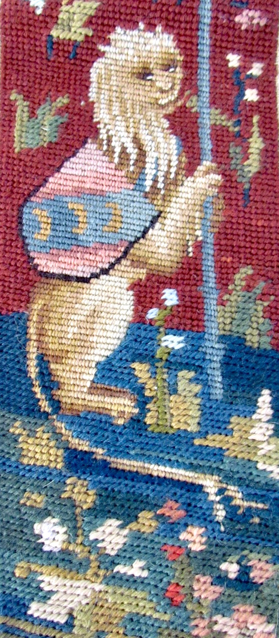 French Needlepoint Tapestry Mythical Lion Floral Wool Substantial Work Antique