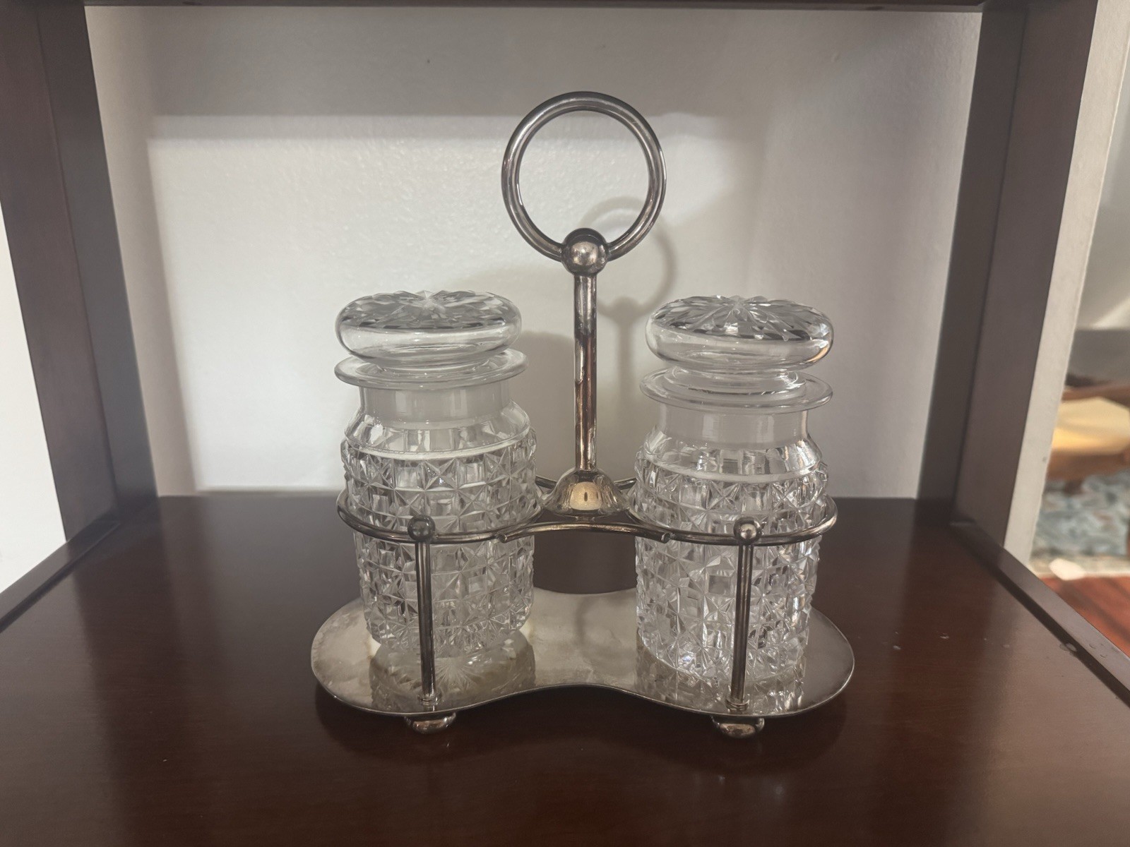 Antique Elkington Plate Cruet Set with Crystal Jars