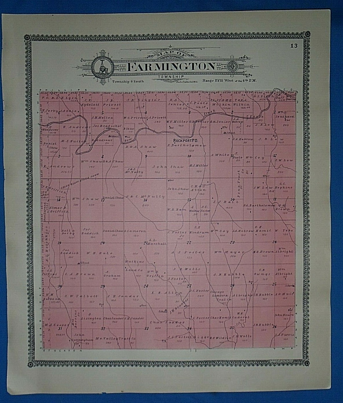 1904 Plat Map ~ FARMINGTON Tsp. ROOKS Co., KANSAS Genealogy Ancestry Land Title