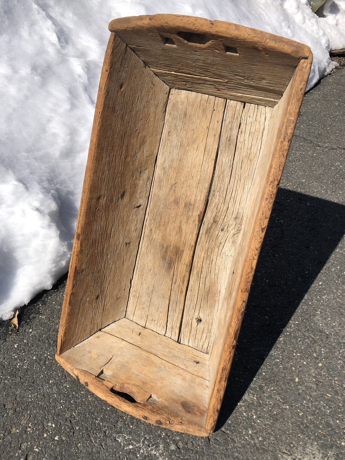 Antique 36” Primitive 18th C. Wood Forged Iron Nail Mixing Harvest Trencher Bin