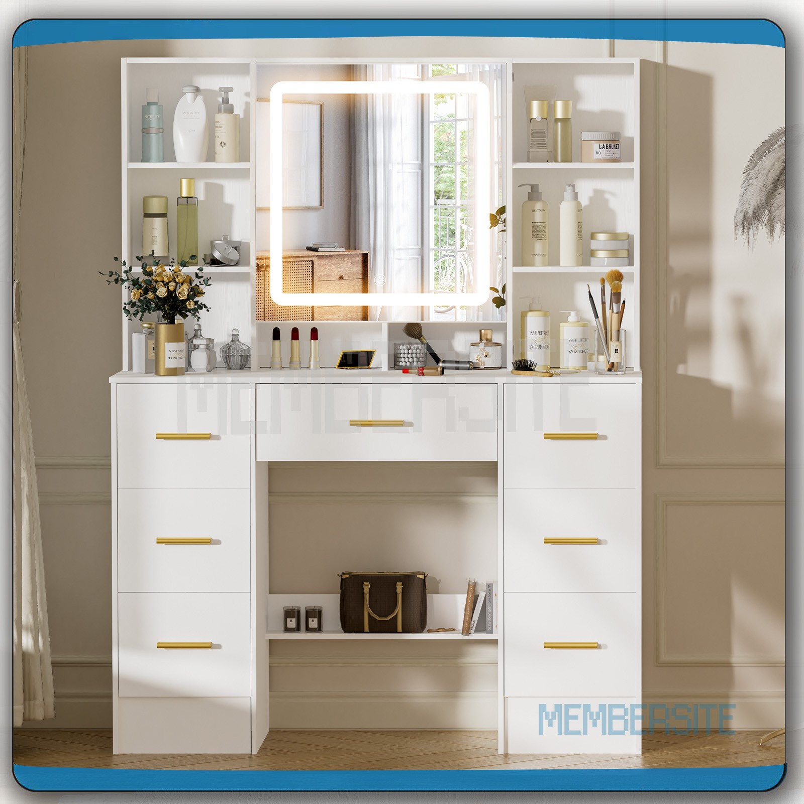 Large Makeup Vanity Desk Dressing Table w/ Openable Mirror 7 Drawers & Gold Pull
