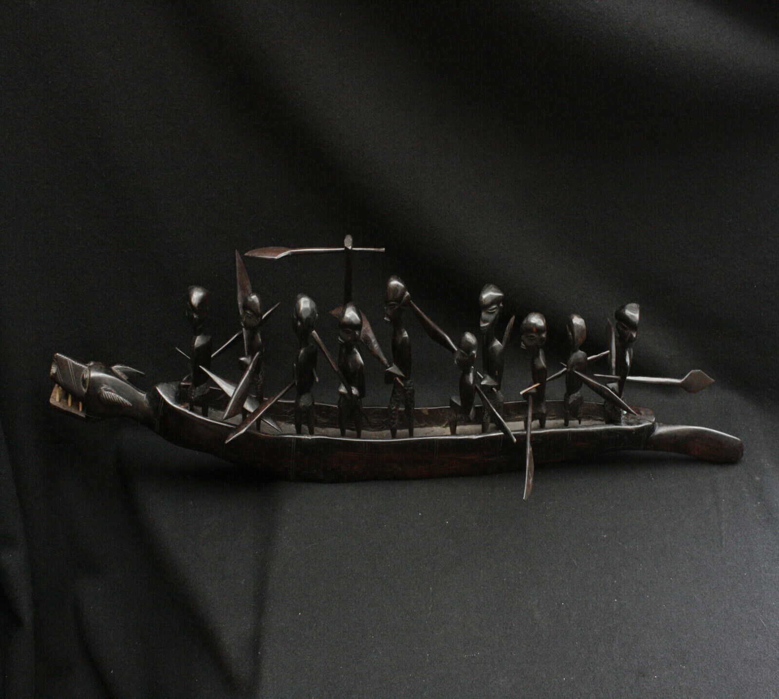 African Dragon Boat, Ten men,86 cm.Antique.Heavy Hand Carved Wood.(Ethnographic)