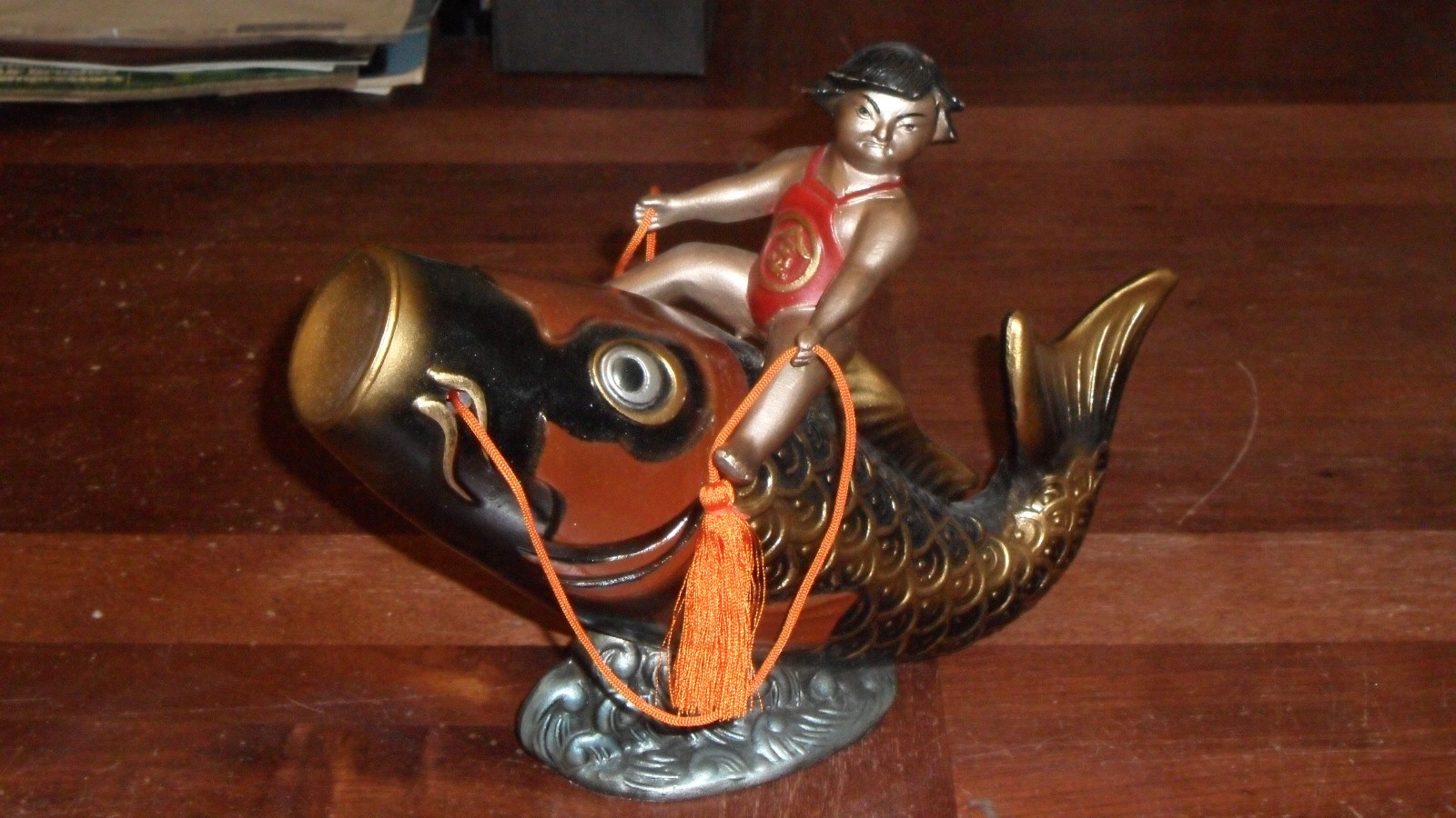 Vintage Bronze Statue Japanese Momotaro Riding on a Carp Japan Home Decor