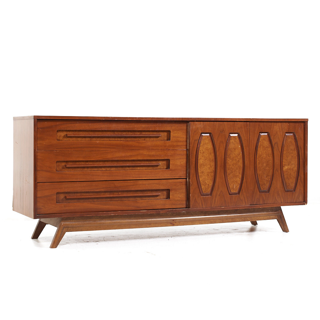 Young Manufacturing Mid Century Walnut and Burlwood Lowboy Dresser