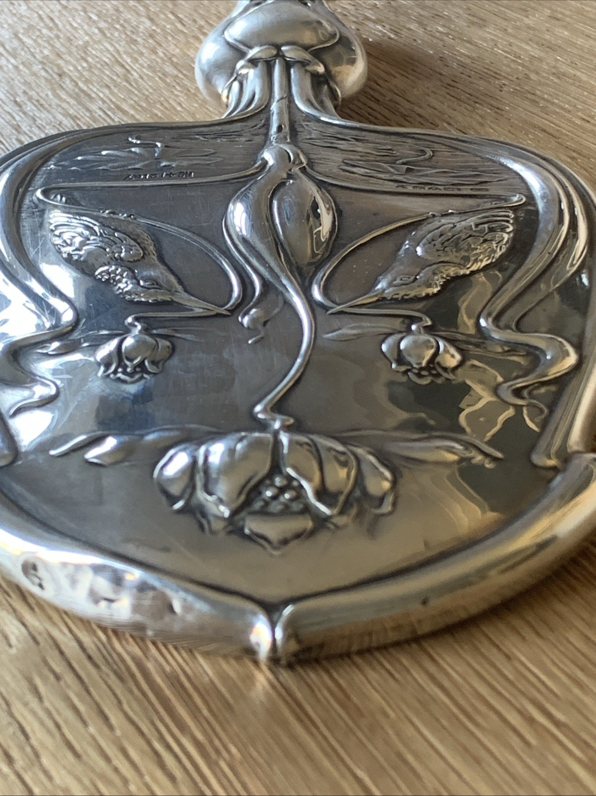 ART NOUVEAU SILVER HAND MIRROR-CHESTER 1904-WILLIAM NEALE-KINGFISHER/WATER LILY