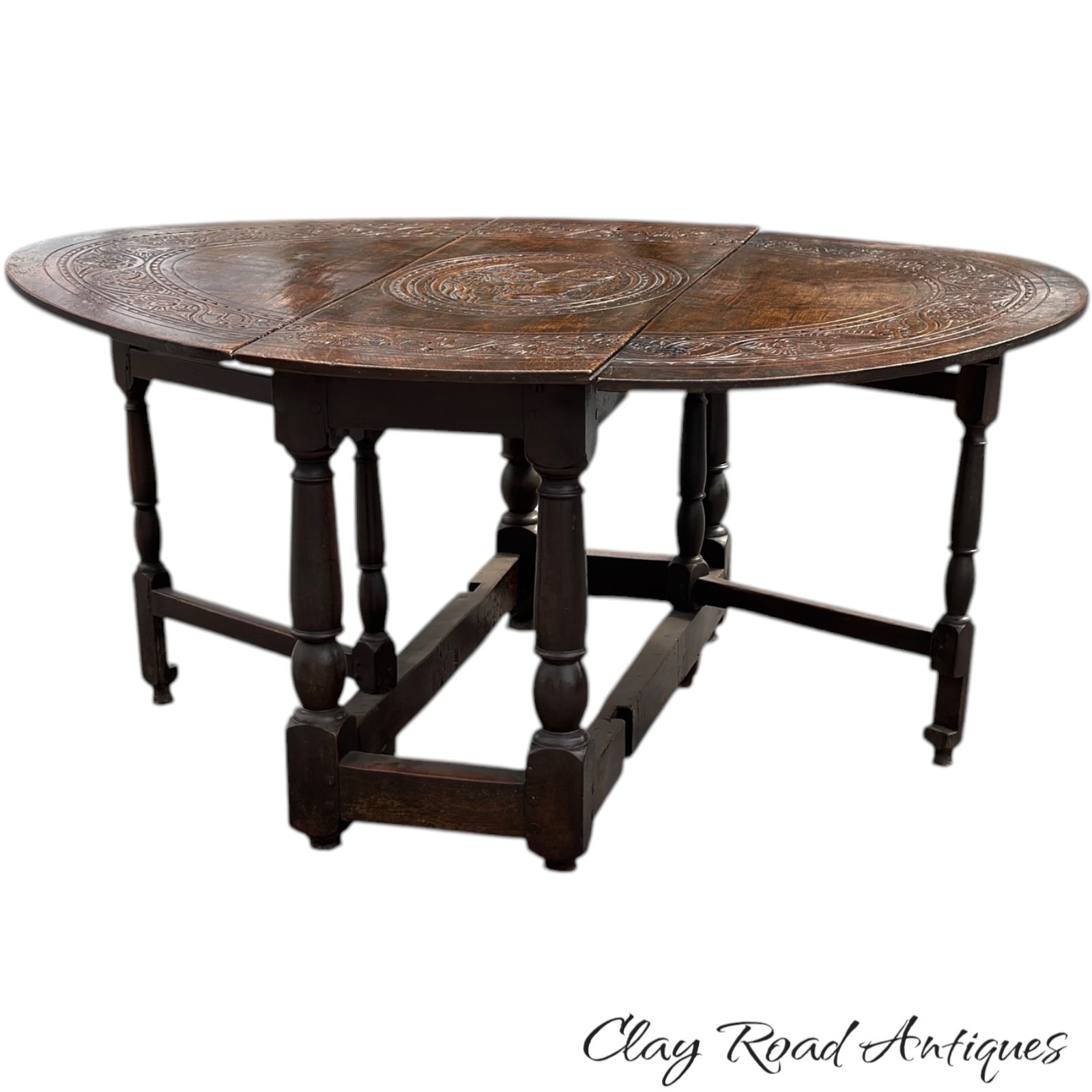antique 18th Oak gate leg table stretcher base farm house William Mary pegged