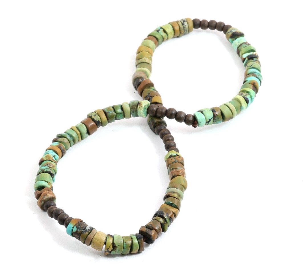 Millennium-Old Set of 2 Tibetan Turquoise Bracelets, Aged Patina Meditation