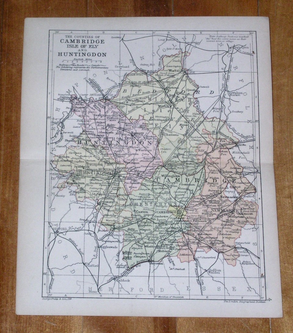 1898 ANTIQUE MAP OF COUNTIES OF CAMBRIDGE HUNTINGTON CAMBRIDGESHIRE ENGLAND