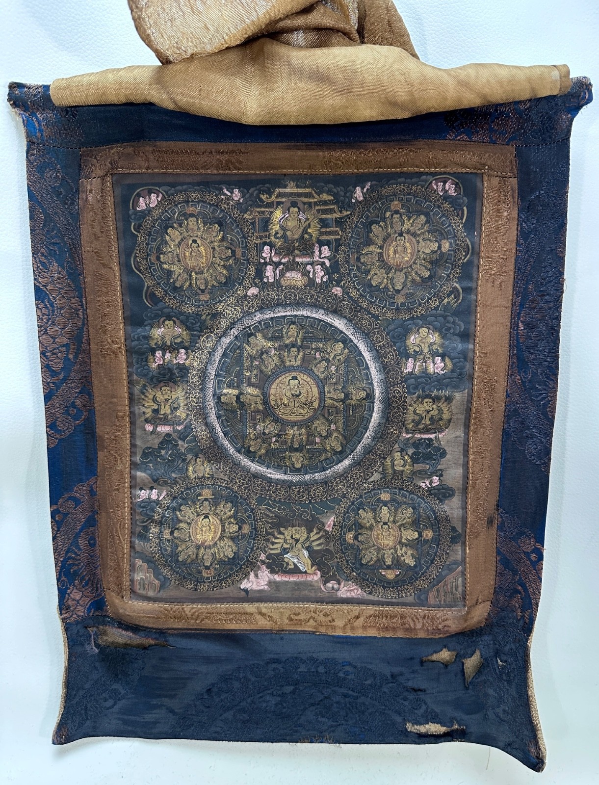 Antique 18th / 19th Century Tibetan Silk Asian Thangka Black Gold Buddha Scroll