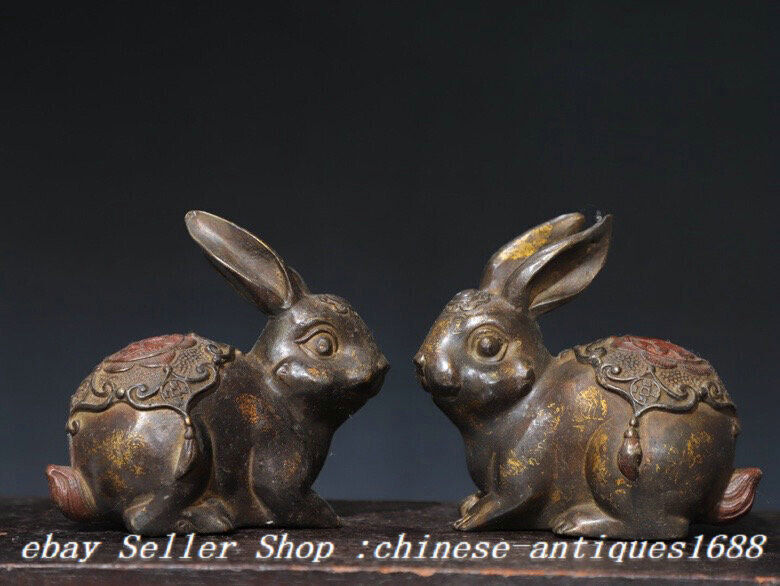 4.3” Chinese Ancient Bronze Gilt Animal Exquisite Rabbit Bunny Statue A Pair
