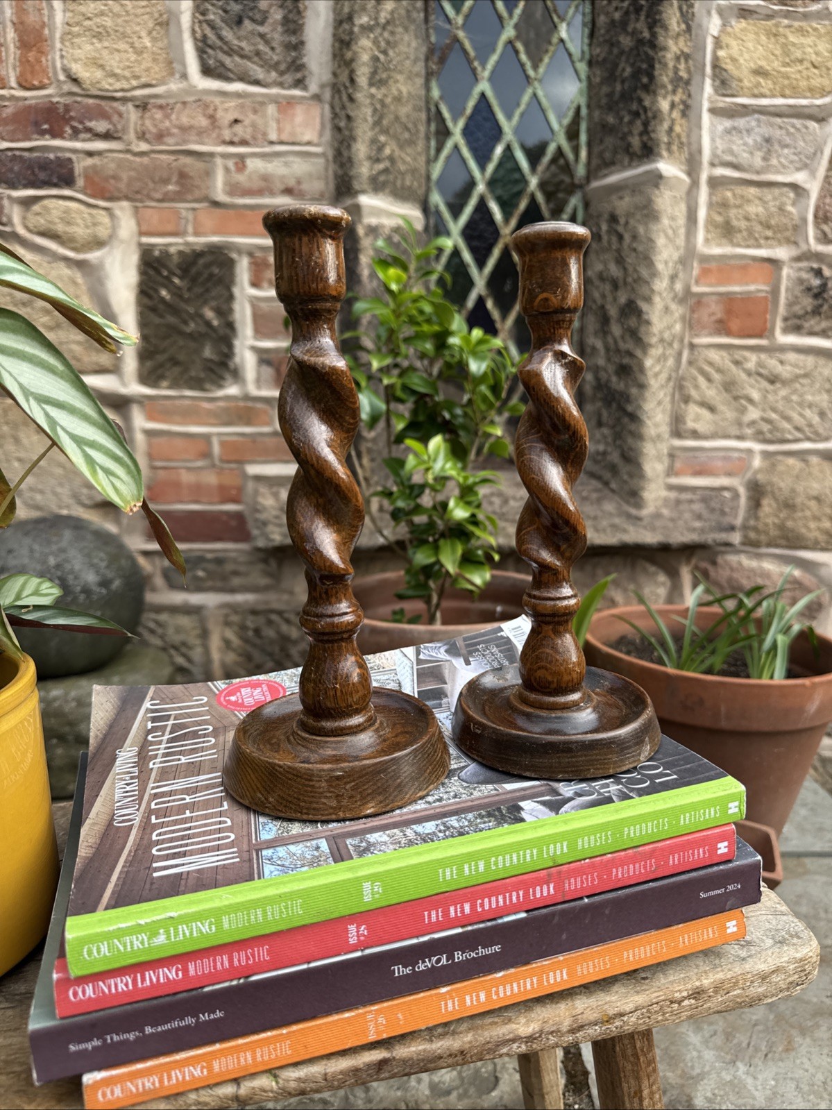 Vintage Wood Candlesticks Barley Twist Spiral Cancel Holders SEE DESCRIPTION