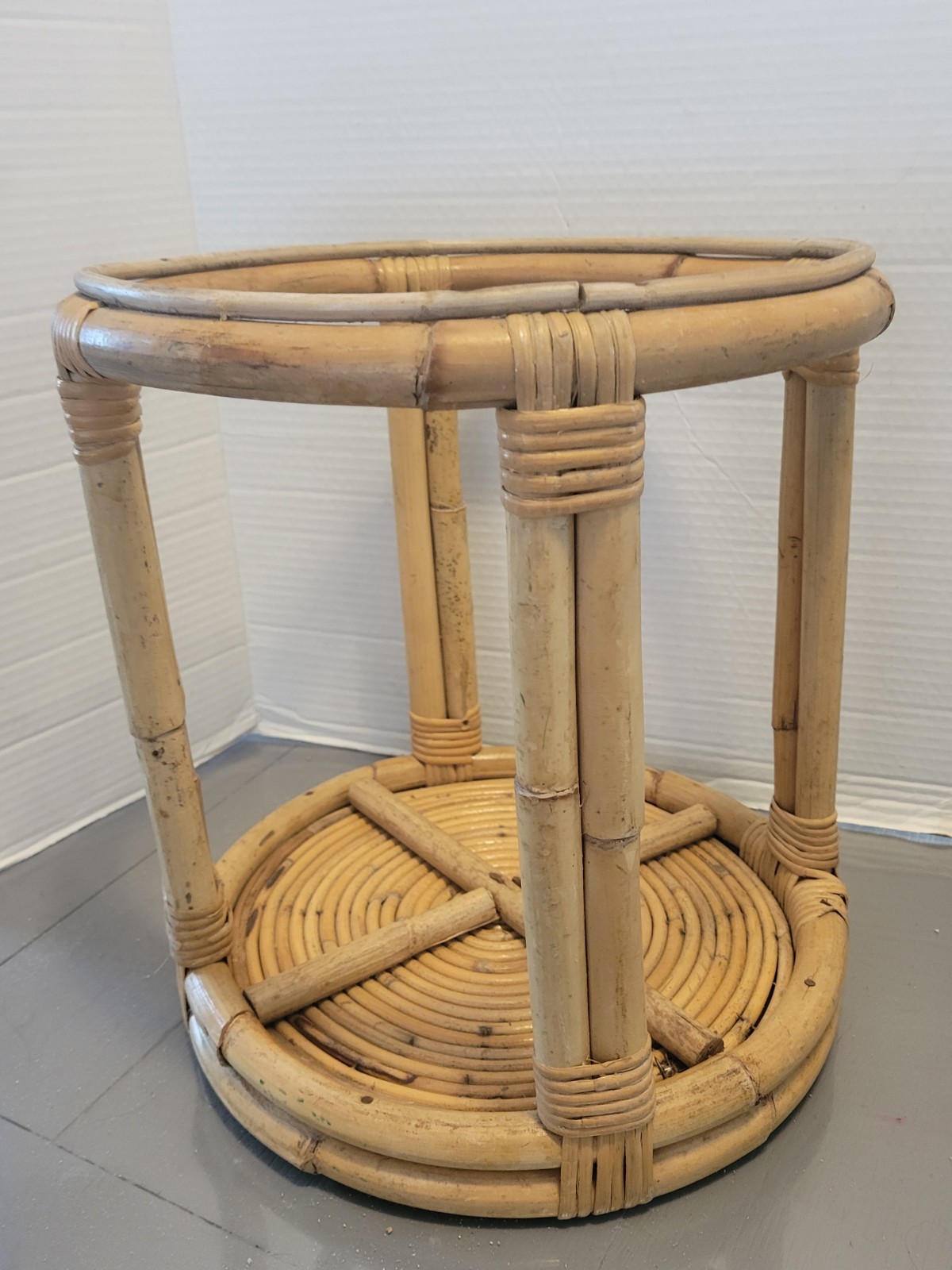 Vintage Rattan Round Side Table, Boho Plant Stand Stool Mid Century