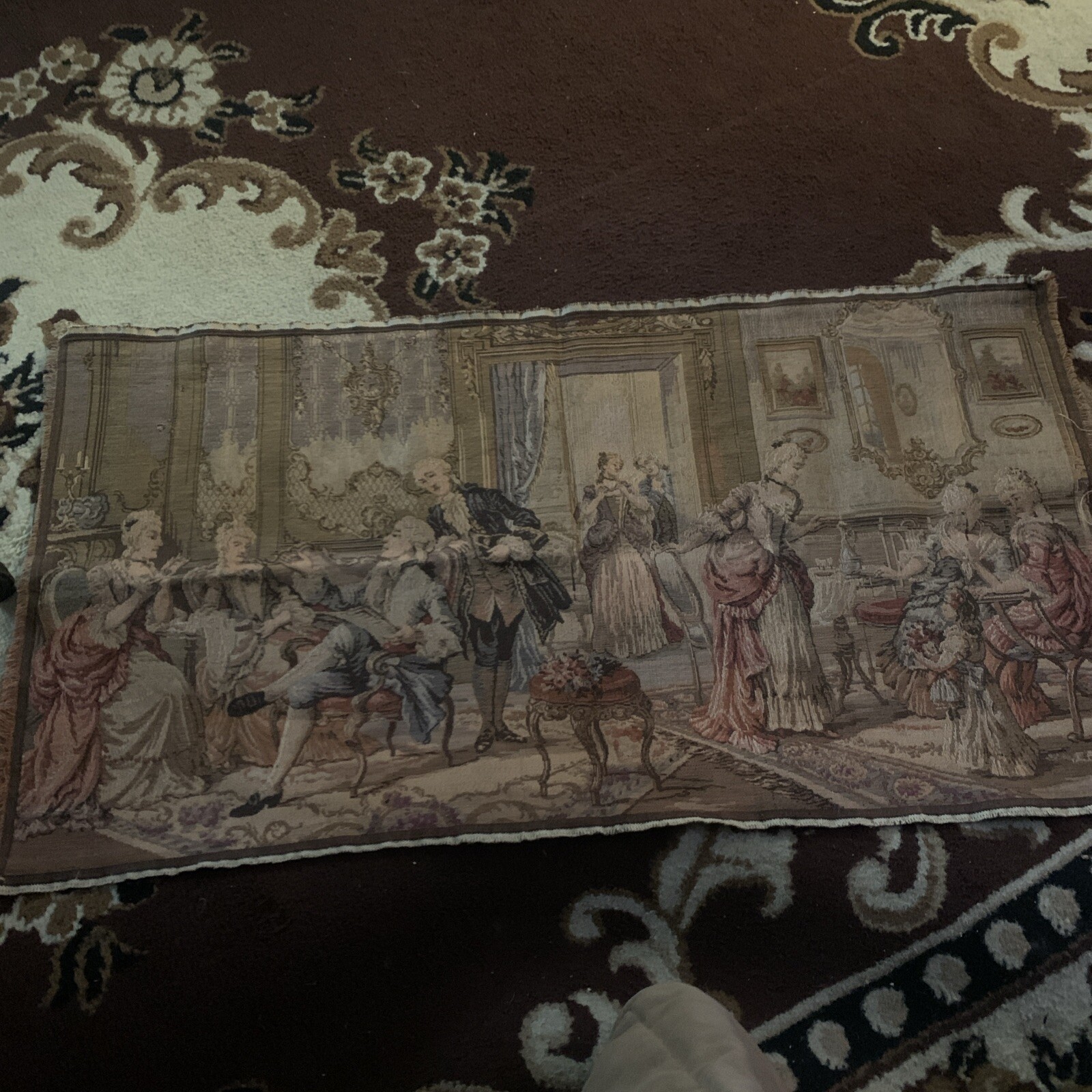 VINTAGE / ANTIQUE TAPESTRY MADE IN BELGIUM 36IN X 19 IN VICTORIAN PARTY SCENE